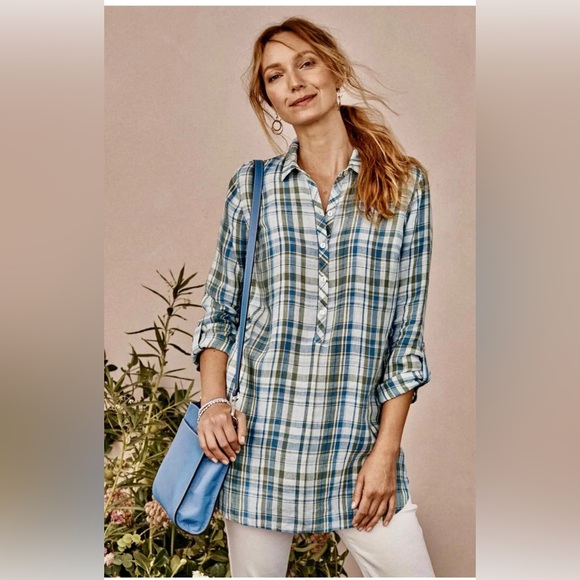 J. Jill Tops - J.Jill 100% Linen Shirt Roll Tab Half Button Blue Green Plaid XLP Pockets